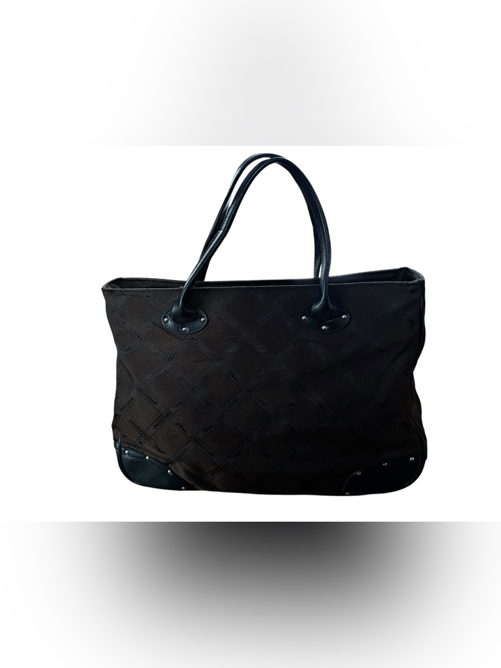 NWOTs Longchamp Brown/Black Canvas w Black Leather Trim Studded Top Handle Bag